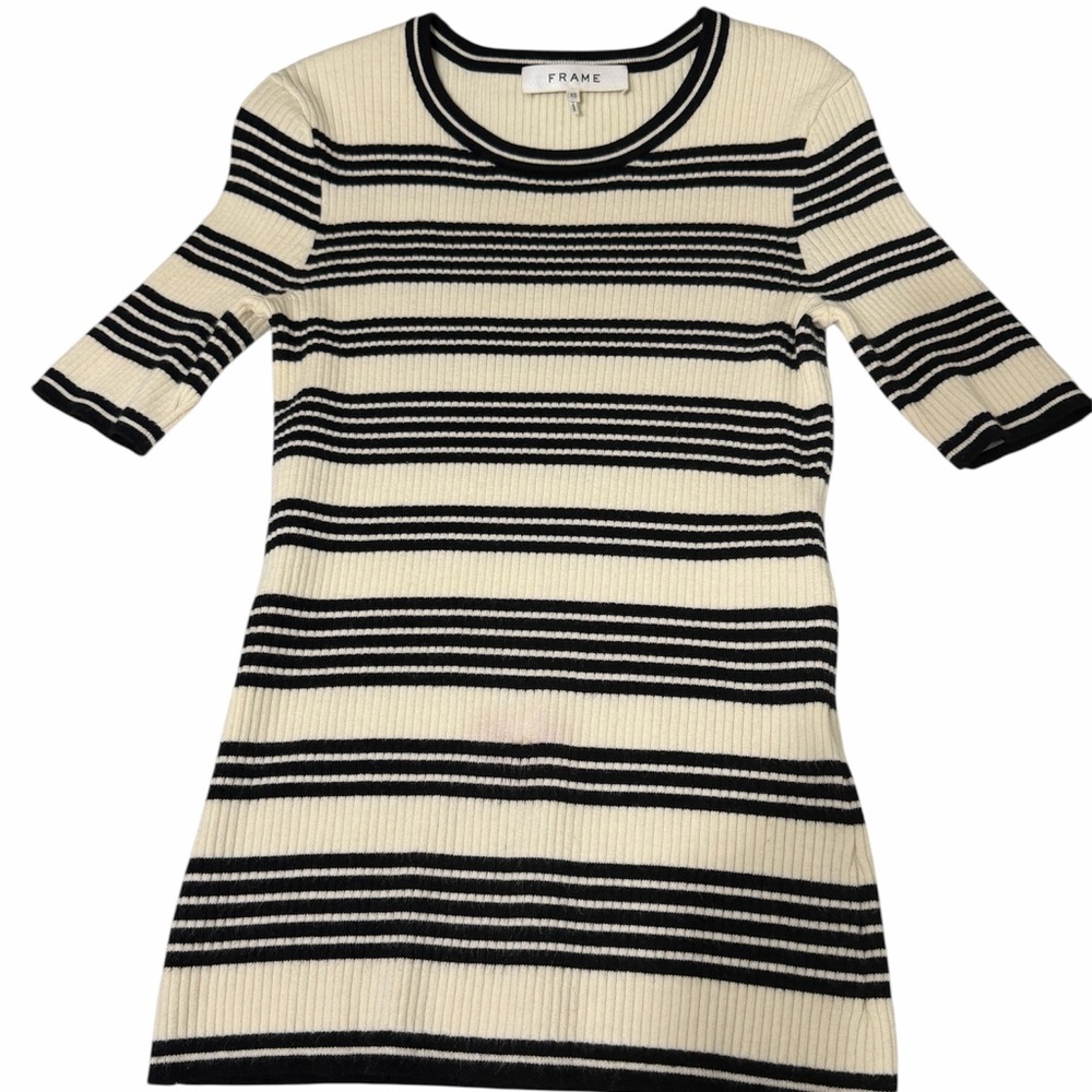 Frame Denim Black and Cream Striped Ribbed Knit Top